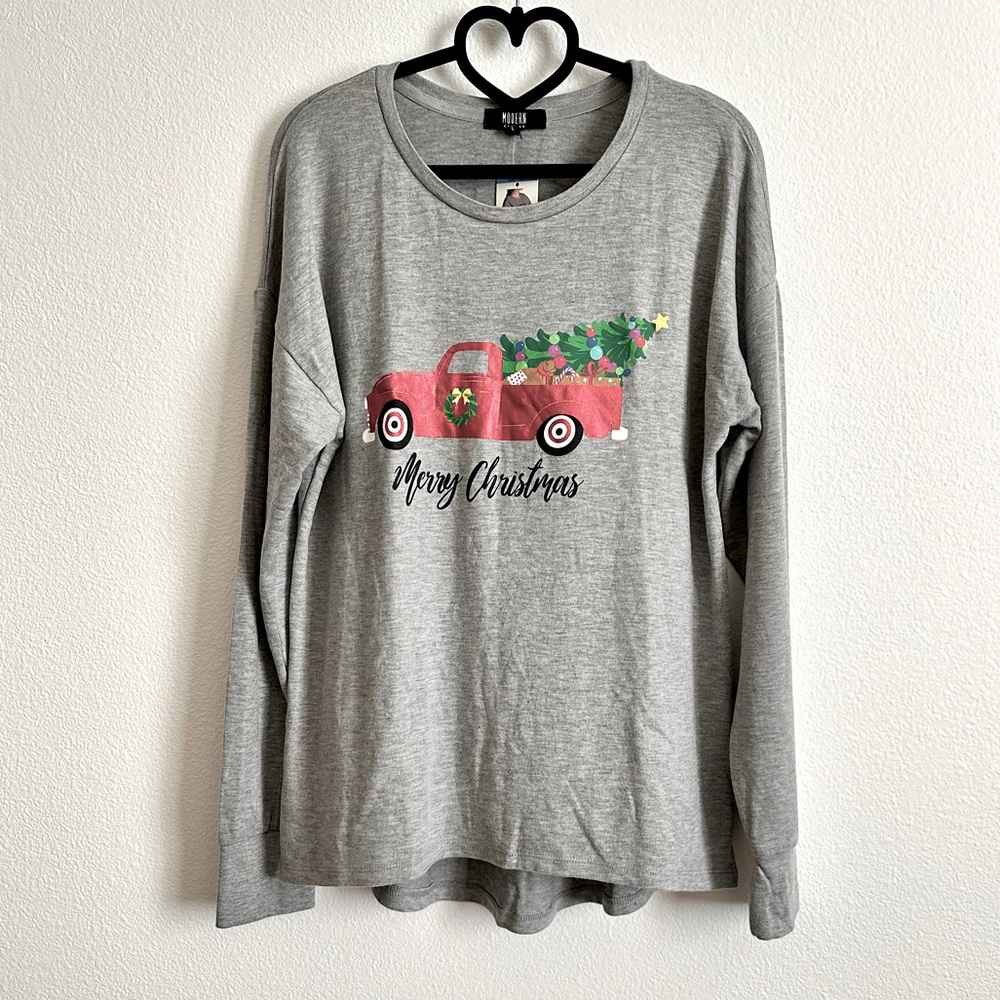 Modern Canvas Gray Merry Christmas Pickup Truck Tree Graphic Top Sz Various